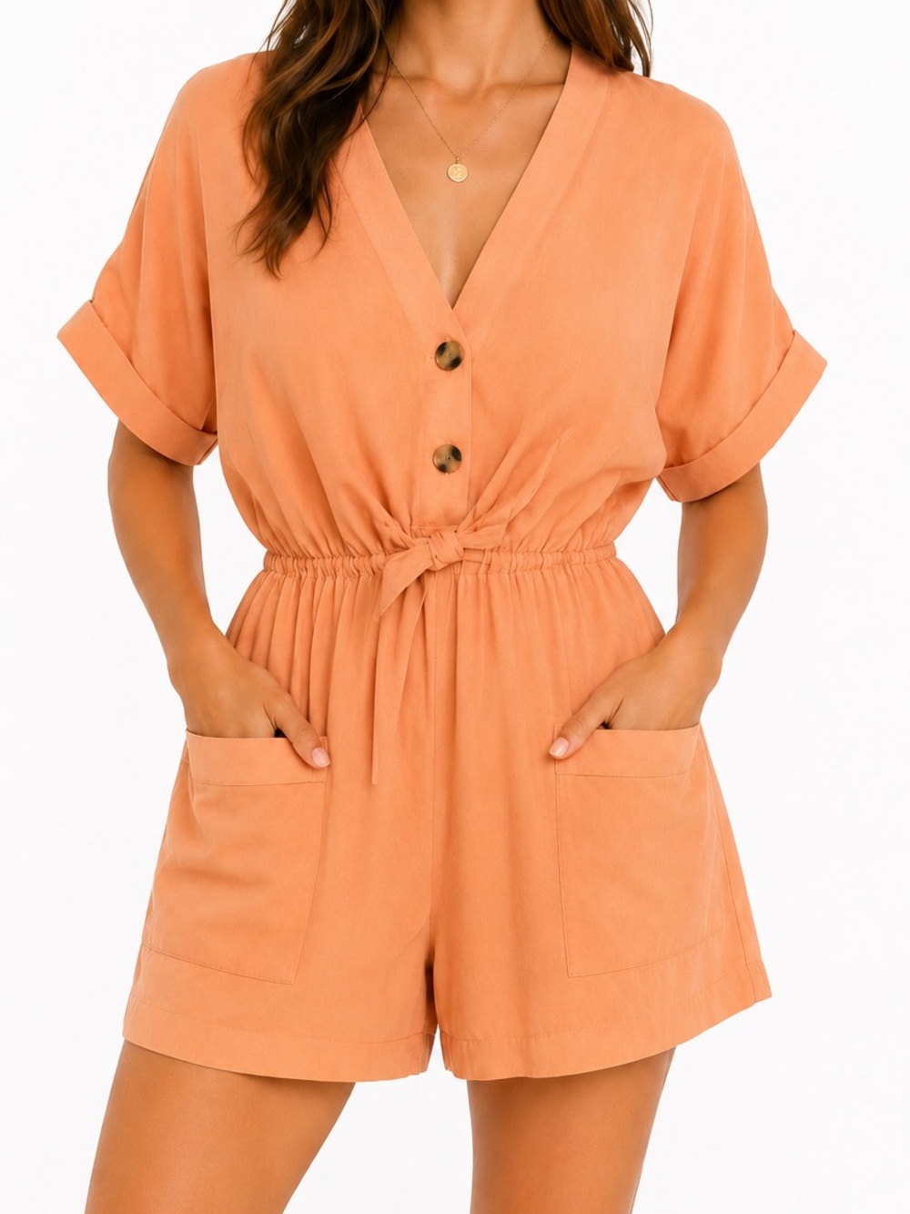Zara Lyocell Button Down & Tie Front Utility Romper Peach XS
